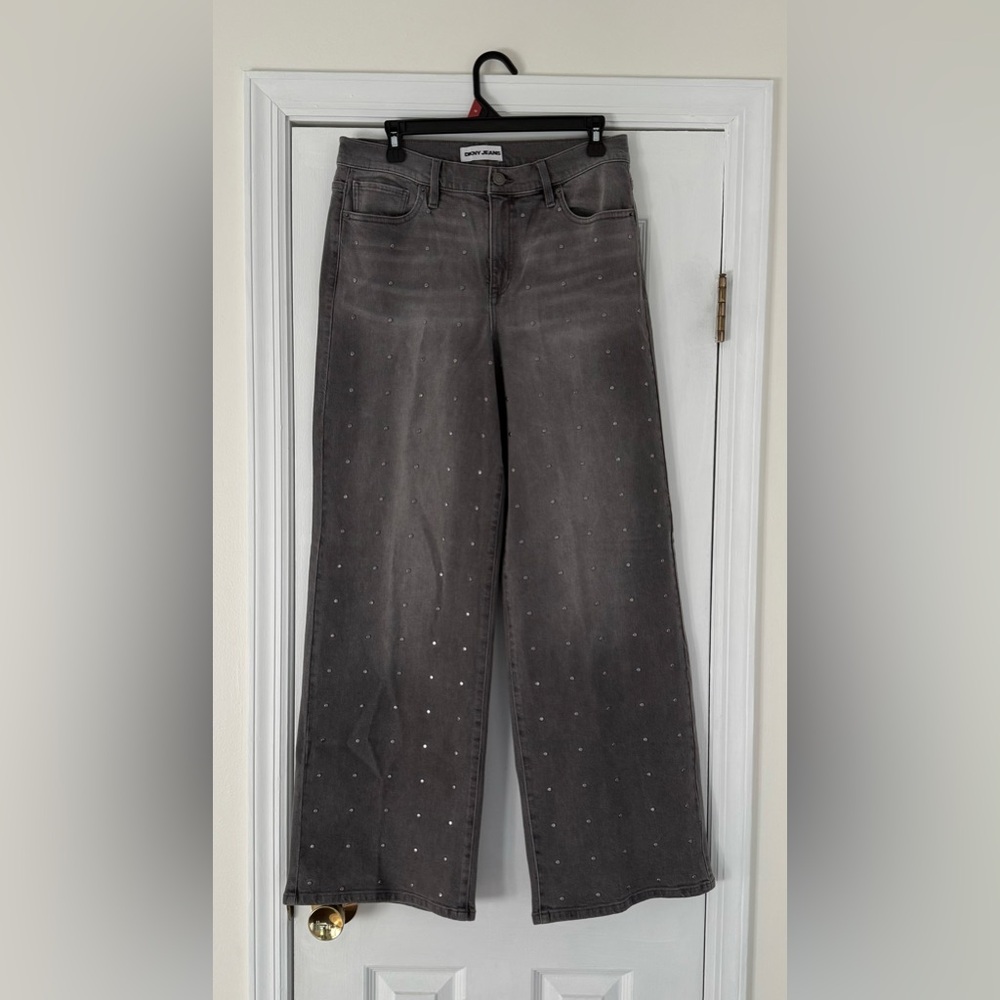 DKNY Dark Gray Wide-leg Jeans with Studded Detail
